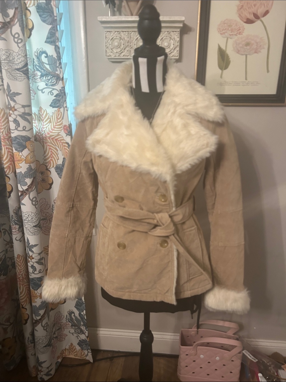 Wilsons Leather Tan Suede Coat with Cream Faux Fur Trim